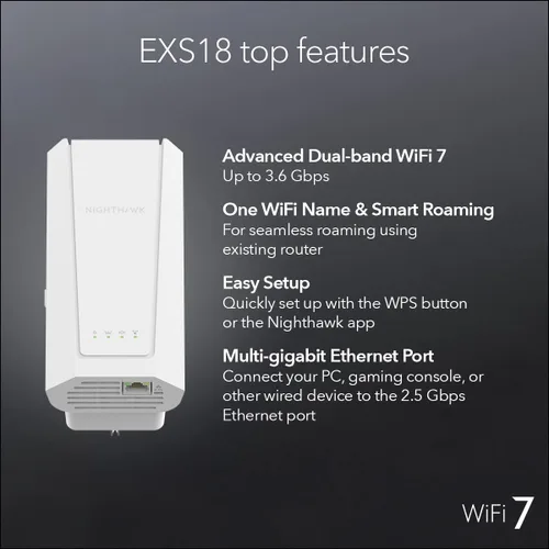 Miniatura 7 de NETGEAR Extensor de alcance WiFi 7 (EXS18) - Extensor de rango de señal de Internet inalámbrico de doble banda BE3600 (hasta 3.6 Gbps de velocidad)
