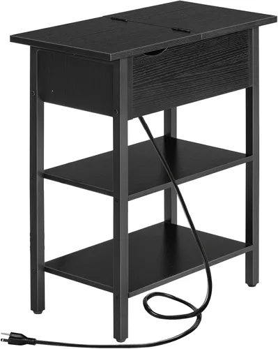 HOOBRO - Mesa auxiliar lateral, mesa de centro abatible con estación de carga y estantes, puertos USB y tomas de corriente, mesita de noche estrecha