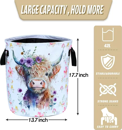 Miniatura 2 de Cesta de lavandería plegable impermeable de vacas de las tierras altas de la marca NUTAINLA, con tela Oxford, divertida bolsa de lona, cesta de Vaca