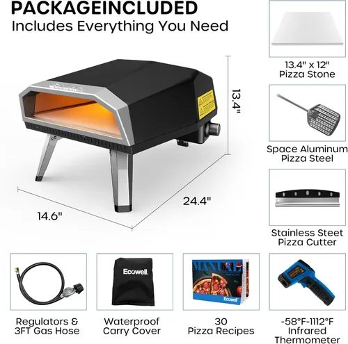 Miniatura 8 de ECOWELL Horno de pizza de gas de 12 pulgadas para exteriores, horno de pizza portátil con piedra, horno de pizza de acero inoxidable para interiores