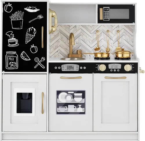 Best Choice Products Juego de juguetes de madera de cocina para niños con diseño realista, teléfono, utensilios, horno, microondas, fregadero, bisel