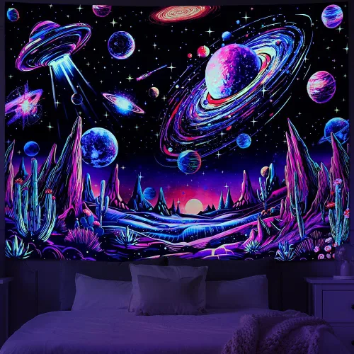 Miniatura 8 de Tushelia Tapiz espacial de galaxia con luz negra, tapiz reactivo a los rayos UV, tapiz de árbol de bosque con plantas florales, tapiz que brilla
