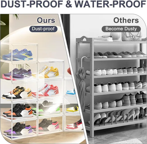 Miniatura 5 de Paquete de 14 cajas transparentes para zapatos, tamaño 12, organizador de almacenamiento de zapatos para armario, apilable, estante de zapatos