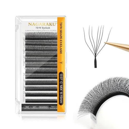 Miniatura 92 de NAGARAKU Extensiones de pestañas Double Tips 4D W, suministros con puntas dobles, gruesas con rizado D de 0.07 mm, bandeja mixta 8-15 mm, 0.07-D