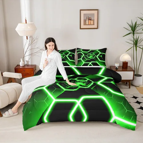 Miniatura 5 de Feelyou Juego de ropa de cama de panal de abeja, tamaño individual, juego de edredón hexagonal verde para niños y niñas, decoración geométrica