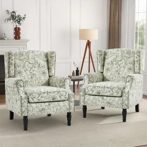 Miniatura 6 de Silla de Acento de Respaldo Alto, Sillón Tapizado en Tela para Sala de Estar, Sillón Wingback con Estampado Floral con Patas de Madera Maciza, Sofá