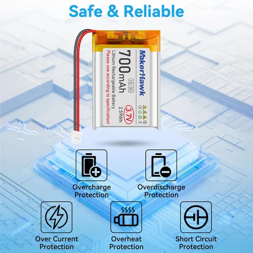 Miniatura 4 de MakerHawk Batería Lipo de 3,7 V 700 mAh Batería recargable de polímero de litio 603040 Micro Ph1.25 Conector Circuito de protección integrado
