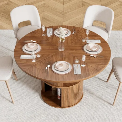 Miniatura 7 de Mesa de comedor redonda de 47 pulgadas para 4, mesa de comedor de cocina de granja con estante de almacenamiento de 2 capas y panel estriado