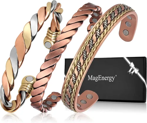 MagEnergy Pulseras de cobre para mujeres y hombres, juego de 3 piezas, terapia magnética, pulsera hecha a mano 100% cobre, caja de regalo de joyería