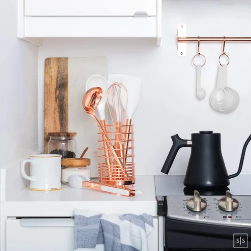 Miniatura 4 de Juego de utensilios de cocina de silicona y cobre blanco con soporte - 17 piezas de elegantes herramientas de cocina en color oro rosa para Blanco