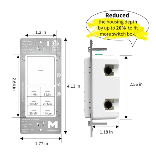 Miniatura 5 de Minoston Interruptor de luces de temporizador, 1-60 minutos, temporizador de pared de cuenta regresiva para ventiladores de baño, calentadores