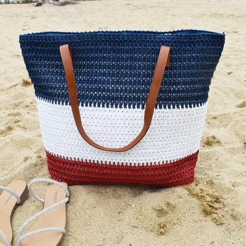 Miniatura 91 de Bolso grande de paja para mujer, tejido de ratán, bolso de playa de verano, a rayas