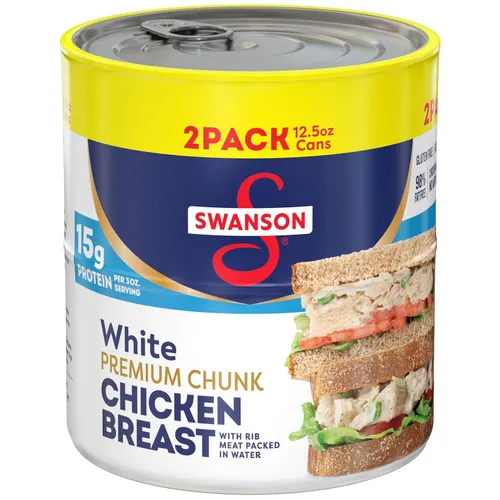 Miniatura 12 de Swanson 25% menos sodio, pechuga de pollo premium en agua enlatada en trozos blancos, lata de 12.5 OZ