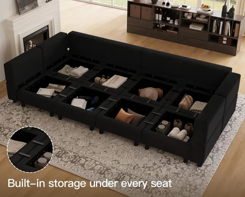 Miniatura 3 de Belffin Sofá Seccional Modular con Chaises de Almacenamiento Sofá Cama Seccional de 8 Asientos Negro