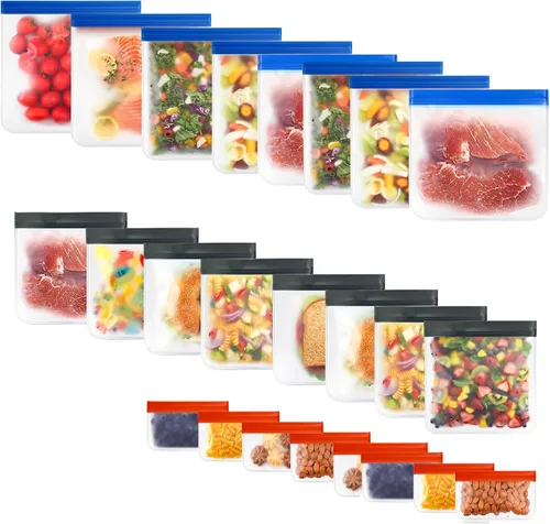 Miniatura 11 de Paquete de 10 bolsas extra gruesas de silicona reutilizables para almacenamiento de alimentos, 3 pequeñas, 4 medianas, 3 bolsas grandes con cierre
