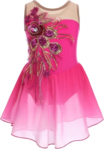 Vestido de patinaje artístico para niñas, vestido de patinaje sobre hielo de malla de flores de lentejuelas, vestido de leotardo de ballet para