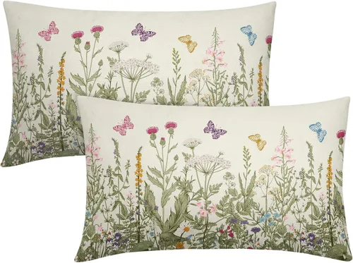 Miniatura 16 de Juego de 2 fundas de almohada de primavera de 16 x 16 pulgadas, diseño de conejo, flores rosas, hojas verdes salvia, plantas botánicas vintage