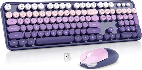 Miniatura 19 de MOWUX - Combo de teclado y mouse inalámbricos, máquina de escribir de tamaño completo, retro, redondo, lindo mouse óptico inalámbrico, Plug and Azul