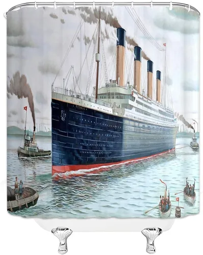 Miniatura 3 de Cortina de ducha de decoración náutica, retro, clásica, barco Titanic, paisaje, acuarela, arte de baño, cortinas de tela de poliéster con gancho