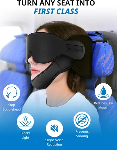 Miniatura 3 de SARISUN Almohadas de viaje para aviones con máscara de ojos para dormir, correa de barbilla, almohada de avión para vuelos largos, viaje por Azul