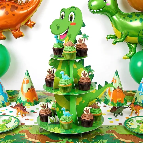 Miniatura 4 de Censen Soporte para cupcakes de dinosaurio de 3 niveles, decoración de fiesta con temática de dinosaurio, decoración de torre de postre