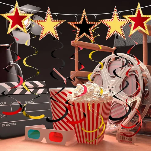 Miniatura 4 de Lenwen 39 espirales colgantes estilo estrella rojo dorado y negro para decoración nocturna de películas, alfombra roja, decoración de fiesta