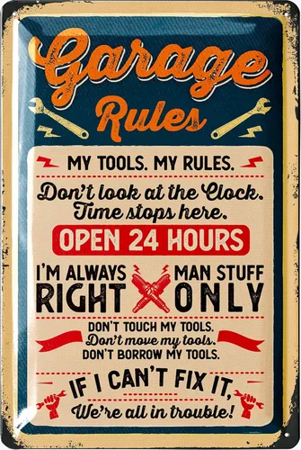 LANOLU Garage Rules - Letrero de metal vintage, decoración de cueva del hombre, divertido letrero de mecánico, decoración de tienda de 12 x 8