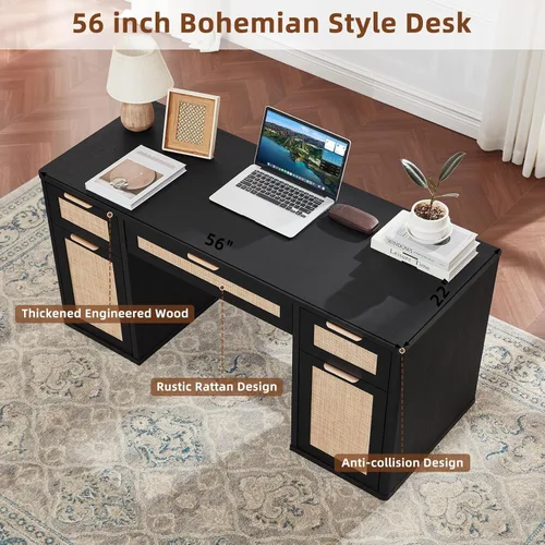 Miniatura 6 de LEYAOYAO Office Desk 56" with 5 Drawers Storage File Cabinet Rattan Wood Desk for Computer Office Bedroom Home Furniture Black