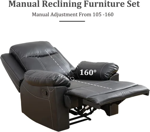 Miniatura 5 de Muebles de sala de estar, sofá reclinable de cuero, sofá reclinable manual con portavasos para casa/dormitorio/oficina/apartamento (negro/1 pieza)