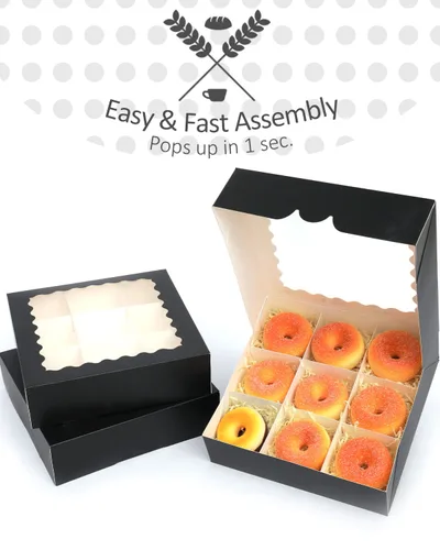 Miniatura 4 de qiqee Cajas para pasteles negras con ventana autodesplegables de 10x10x2,5 pulgadas, paquete de 30 unidades, cajas para galletas, donuts