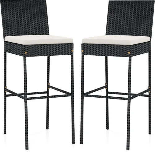Miniatura 10 de Tangkula Juego de 2 taburetes de mimbre para patio, silla de bar para exteriores con cojín de asiento suave y reposapiés acogedor, marco de metal