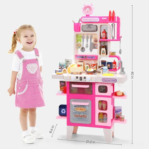 Miniatura 6 de CUTE STONE Juego de cocina para niños, juego de cocina con sonido y luz, estufa de cocina con vapor, fregadero de juguete, juguete de comida y Rosa