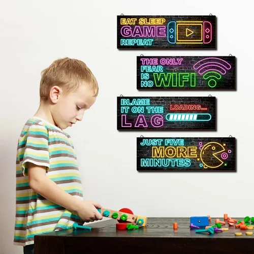 Miniatura 3 de clothmile 4 piezas de decoración de juegos de neón para la habitación de los niños, arte de pared de videojuegos de madera, cita motivacional
