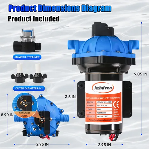 Miniatura 7 de [Versión mejorada] Bomba de agua dulce de 12V CC para RV, 7GPM 70PSI, bomba de diafragma autocebante de cinco cámaras con interruptor de presión