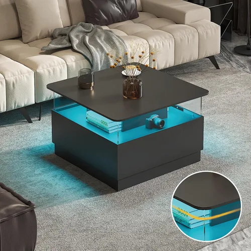 Miniatura 3 de HedoAjim Mesas de centro cuadradas con almacenamiento, mesa de centro moderna para sala de estar, mesas de centro redondas negras y 2 cajones Negro