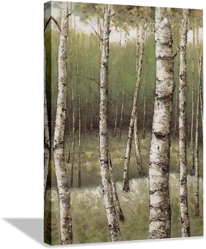 Arte de pared de árbol de abedul blanco, pintura de bosque verde, árboles de álamo temblón, cuadro enmarcado listo para colgar, decoración de casa