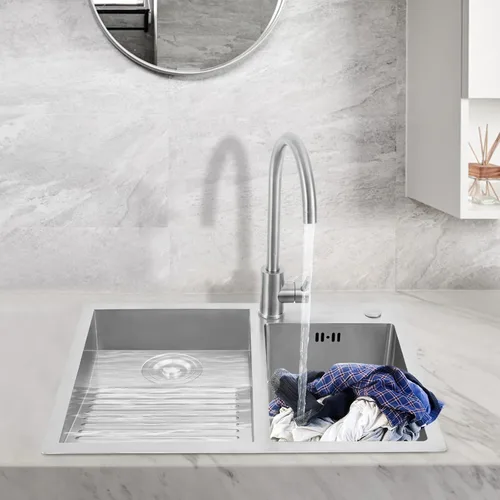 Miniatura 2 de Fregadero de lavandería de 2 lavabos para el hogar con lavabo con tabla de lavar y grifo, fregadero de acero inoxidable para lavanderías, baños