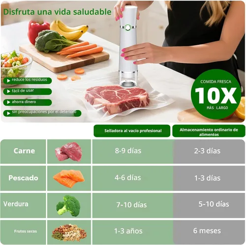 Miniatura 2 de Sellador al vacío para alimentos, máquina selladora al vacío portátil compacta con 30 bolsas reutilizables para preservación 10X y frescura Blanco