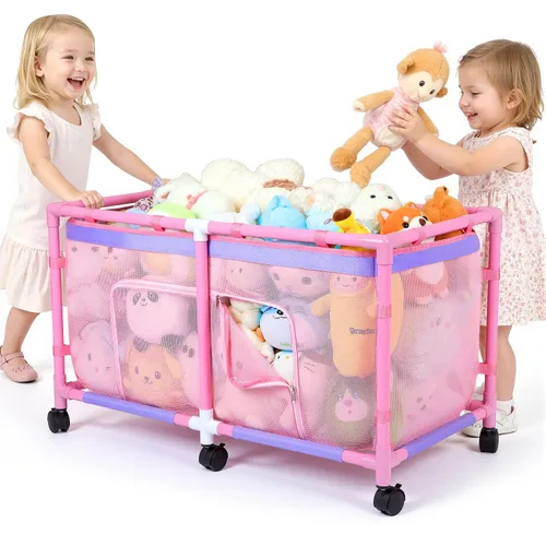 Miniatura 9 de FIOBEE Caja de juguetes para niñas y niños con malla transparente y ruedas giratorias de 360°, cofre organizador de juguetes, fácil instalación