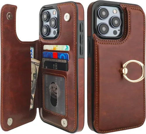 Miniatura 13 de ONETOP Funda tipo cartera para iPhone 15 Pro Max con soporte para tarjetas, anillo de rotación de 360°, función atril, bloqueo RFID, piel sintética