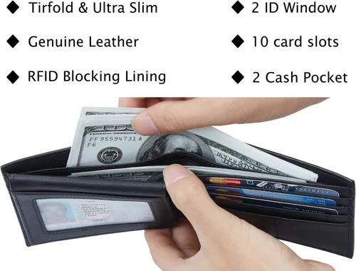 Miniatura 16 de Cartera para hombre, billetera clásica de alta calidad para hombre, billetera minimalista y plegable, cartera con bloqueo RFID con 10 tarjetas