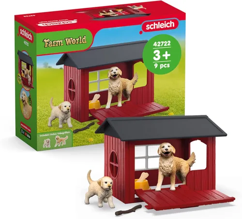Schleich Farm World - Juego de 6 piezas de perrera de juguete con Golden Retrievers para niños. Juguetes de animales de granja para niños y niñas.