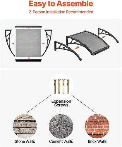 Miniatura 5 de VEVOR Toldo para puerta de entrada, toldo de puerta de ventana de 24 x 24 pulgadas con drenaje y soporte de ABS, cubierta de policarbonato