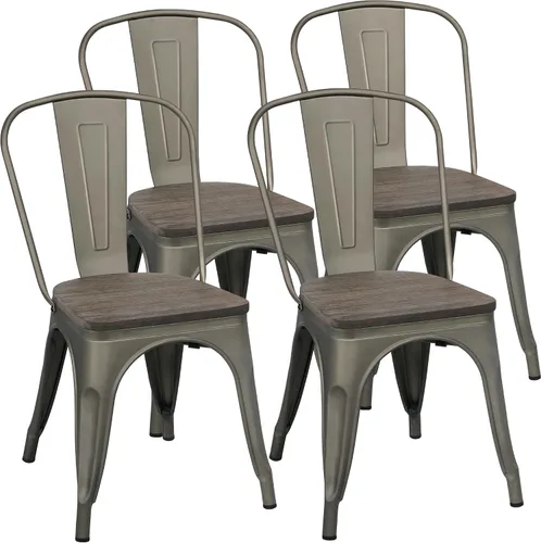 Miniatura 13 de Yaheetech Juego de 4 sillas de comedor de metal, sillas de patio apilables con marco de metal y respaldo para Blanco gastado