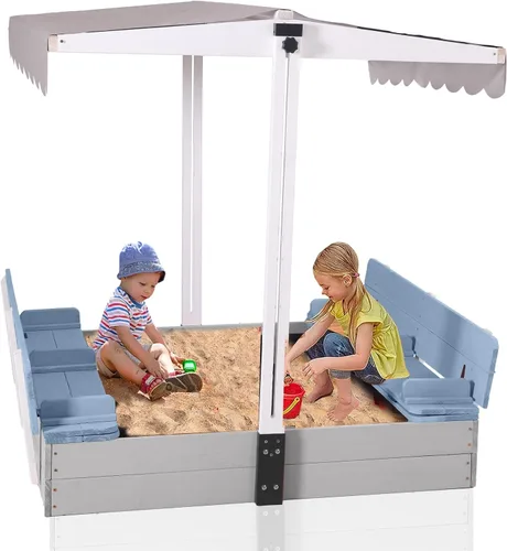 GUTINNEEN Wooden Sandbox with 360° Adjustable Canopy, Outdoor Kids Sand Box with Foldable Benches, Sand Leak-Proof Liner, 47”Lx47”Wx52”H, Blue