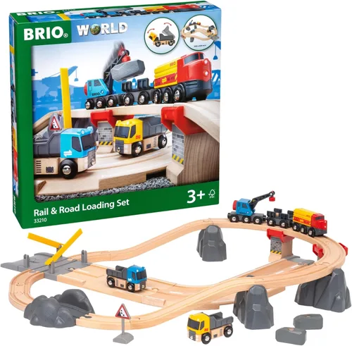 BRIO World Rail & Road - Juego de tren de madera con certificación FSC de 32 piezas y accesorios - Auto grúa especial, plataforma plana, pistas y