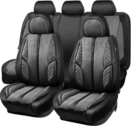 CAR PASS Fundas de Asiento de Cuero de Gamuza Juego Completo Protector Suave Duradero Acolchado Cálido en Invierno Transpirable en Verano, Funda Gris