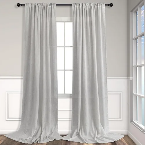 Miniatura 271 de Cortinas de lino gris claro, 2 paneles, presillas traseras, bolsillo para cortinero, semitraslúcidas, ahorran energía, estilo rústico, arpillera