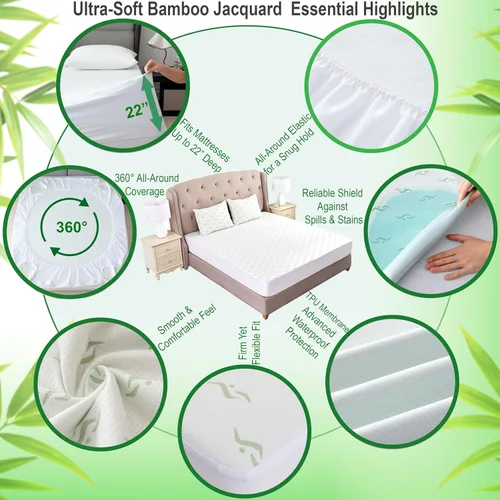 Miniatura 7 de Protector de colchón impermeable jacquard de bambú de lujo, ultrasuave, transpirable y silencioso, barrera 100% líquida para manchas y derrames
