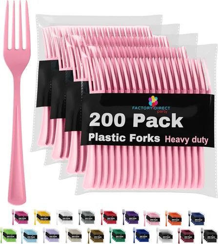 Party Solids Tenedores de plástico rosa, 200 piezas, tenedores rosa, utensilios desechables, juego de cubiertos de plástico resistente, juegos de